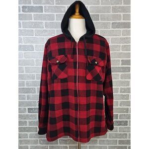 Key Brand Fleece Hooded Jacket Mens XLR Red Black Plaid Shacket Workwear Outdoor